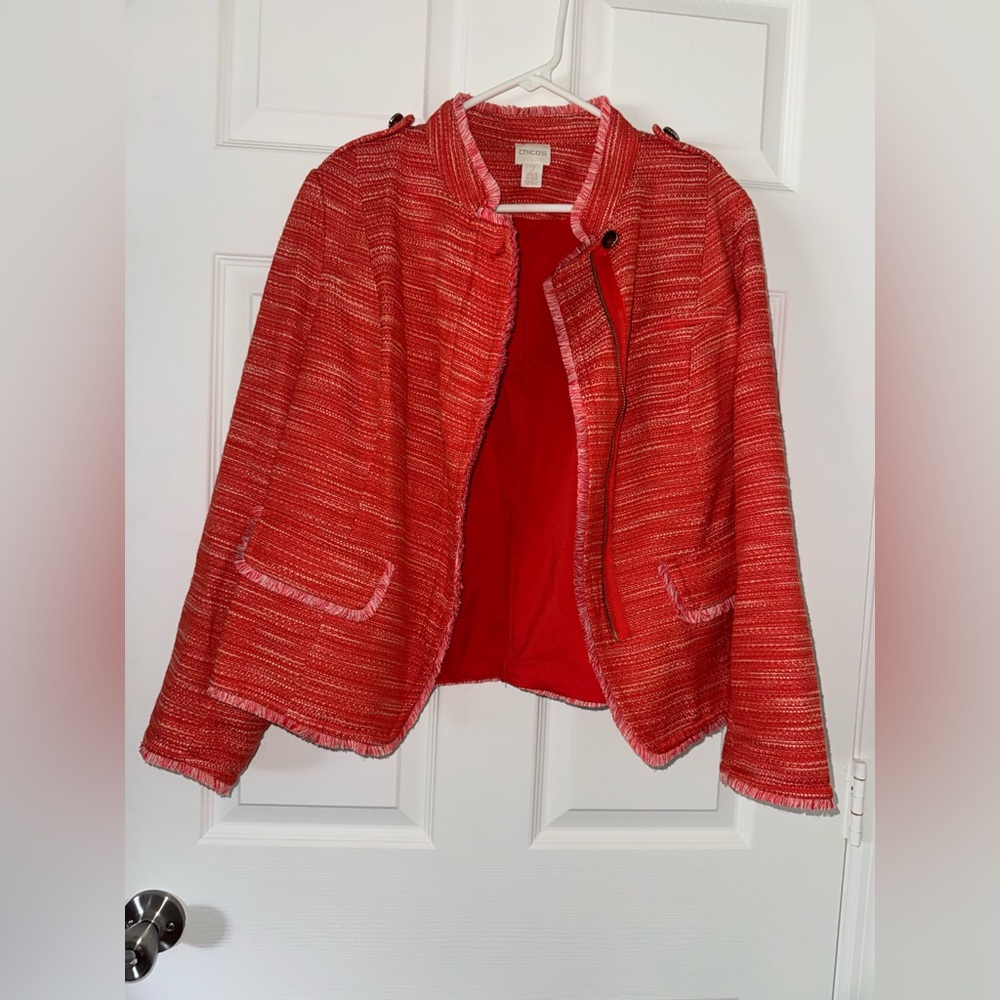 Chico's Coral-Red Tweed Open-Front Blazer